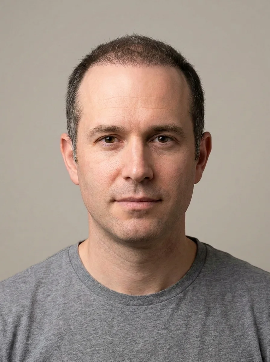 A man with a mature hairline and mid-scalp restored using 3,000 grafts, projected result