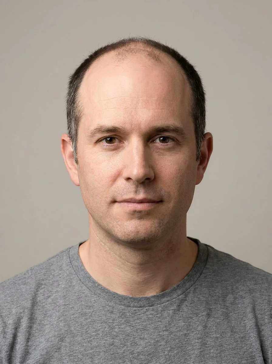 A man with a mature hairline and mid-scalp restored using 3,000 grafts, starting point